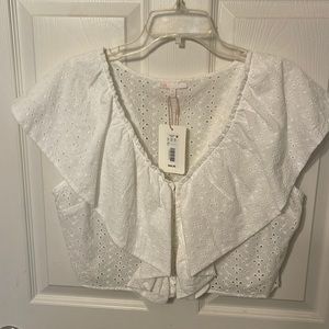 GB, White Eyelet Crop-Top, Ruffle Front, V Neck, Snap Closure, XL